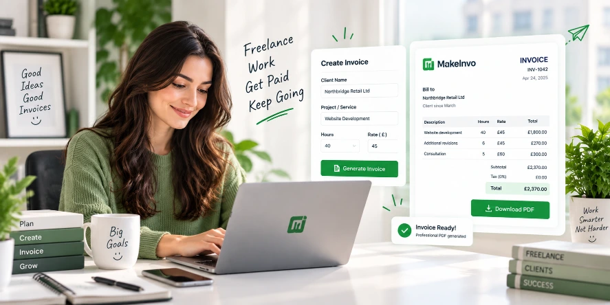Invoice Generator for Freelancers Freelancer creating a professional invoice with MakeInvo invoice generator