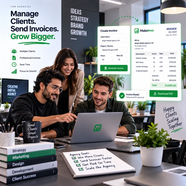 Invoice Generator for Agencies Agency team creating a professional invoice with MakeInvo invoice generator