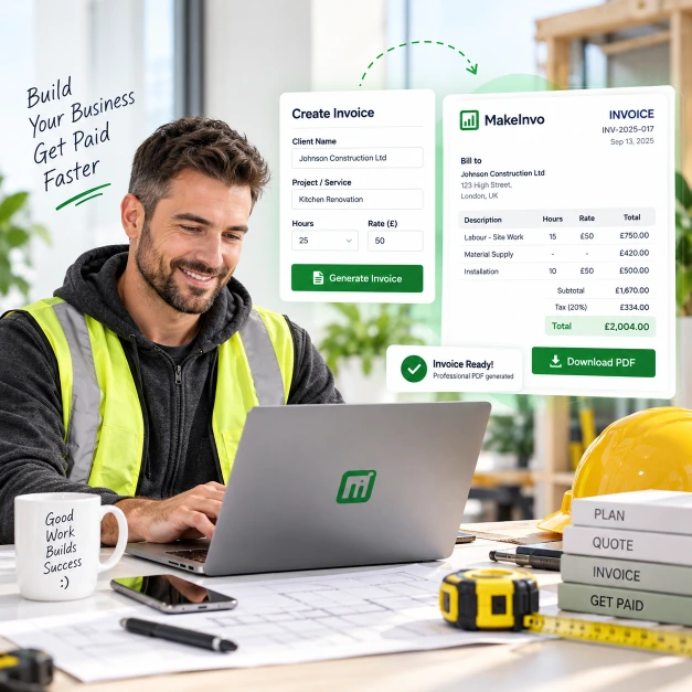 Invoice Generator for Contractors Contractor creating a professional invoice with MakeInvo invoice generator