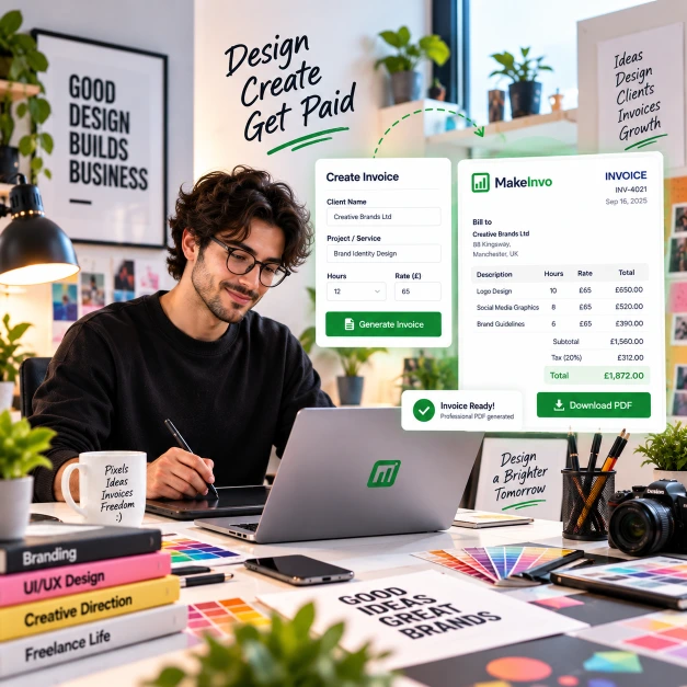 Invoice Generator for Designers Designer creating a professional invoice with MakeInvo invoice generator