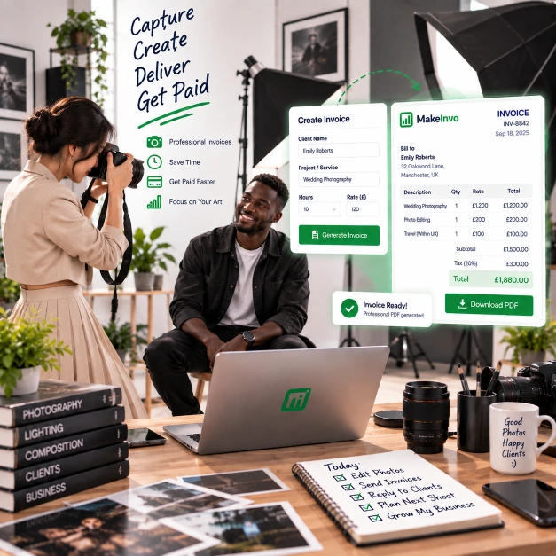 Invoice Generator for Photographers Photographer creating a professional invoice with MakeInvo invoice generator