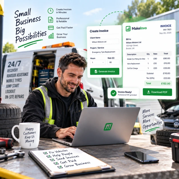 Invoice Generator for Small Businesses Small business owner creating a professional invoice with MakeInvo invoice generator