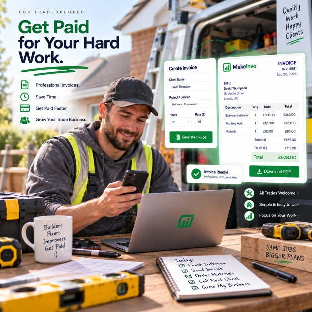 Invoice Generator for Tradespeople Tradesperson creating a professional invoice with MakeInvo invoice generator